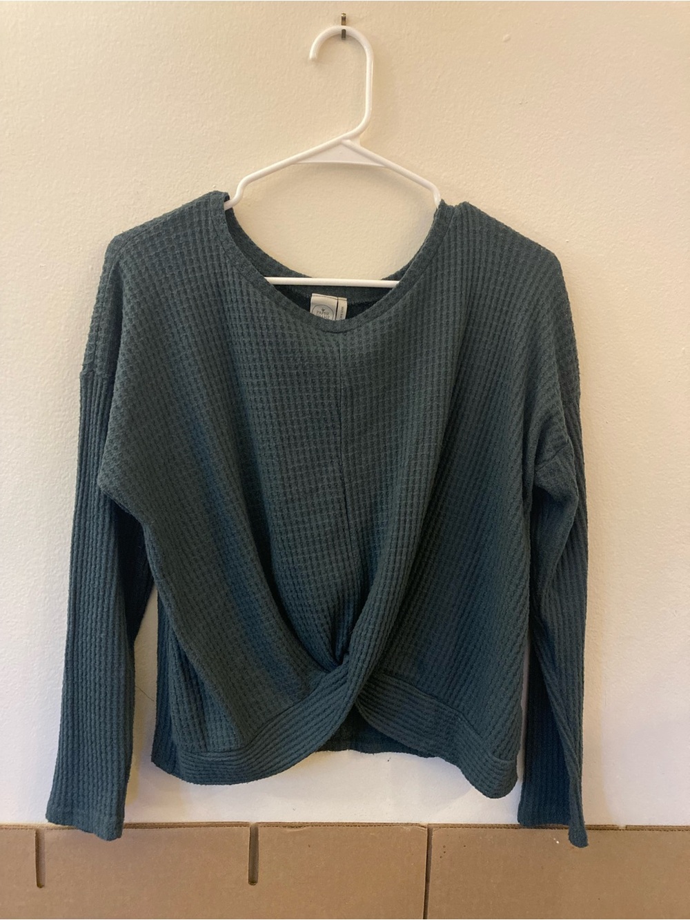 Paper Crane Teal Twist-Front Waffle Long-Sleeve Top